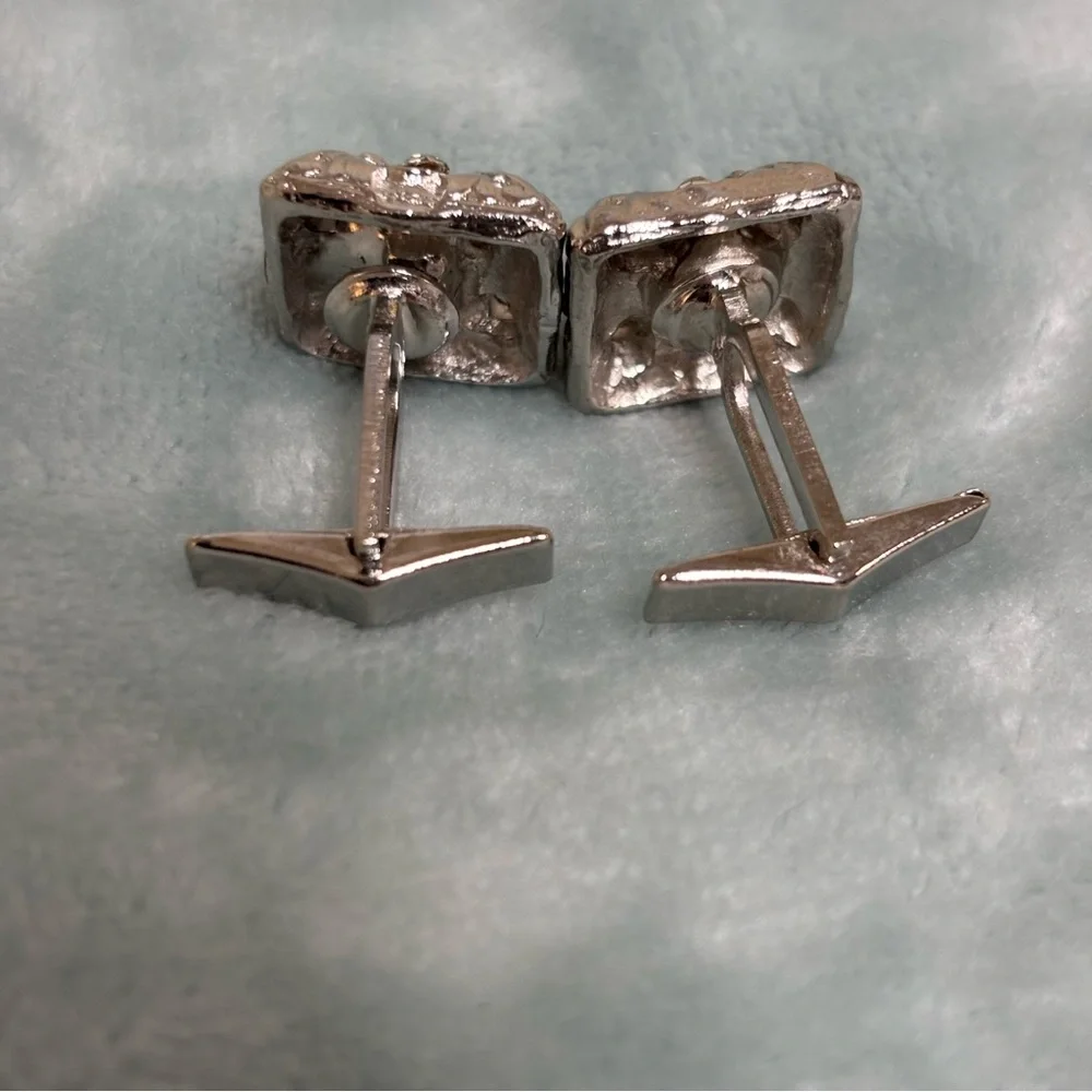 Vintage Silver-Tone Cufflinks Textured Hammered Surface Clear Rhinestones MCM